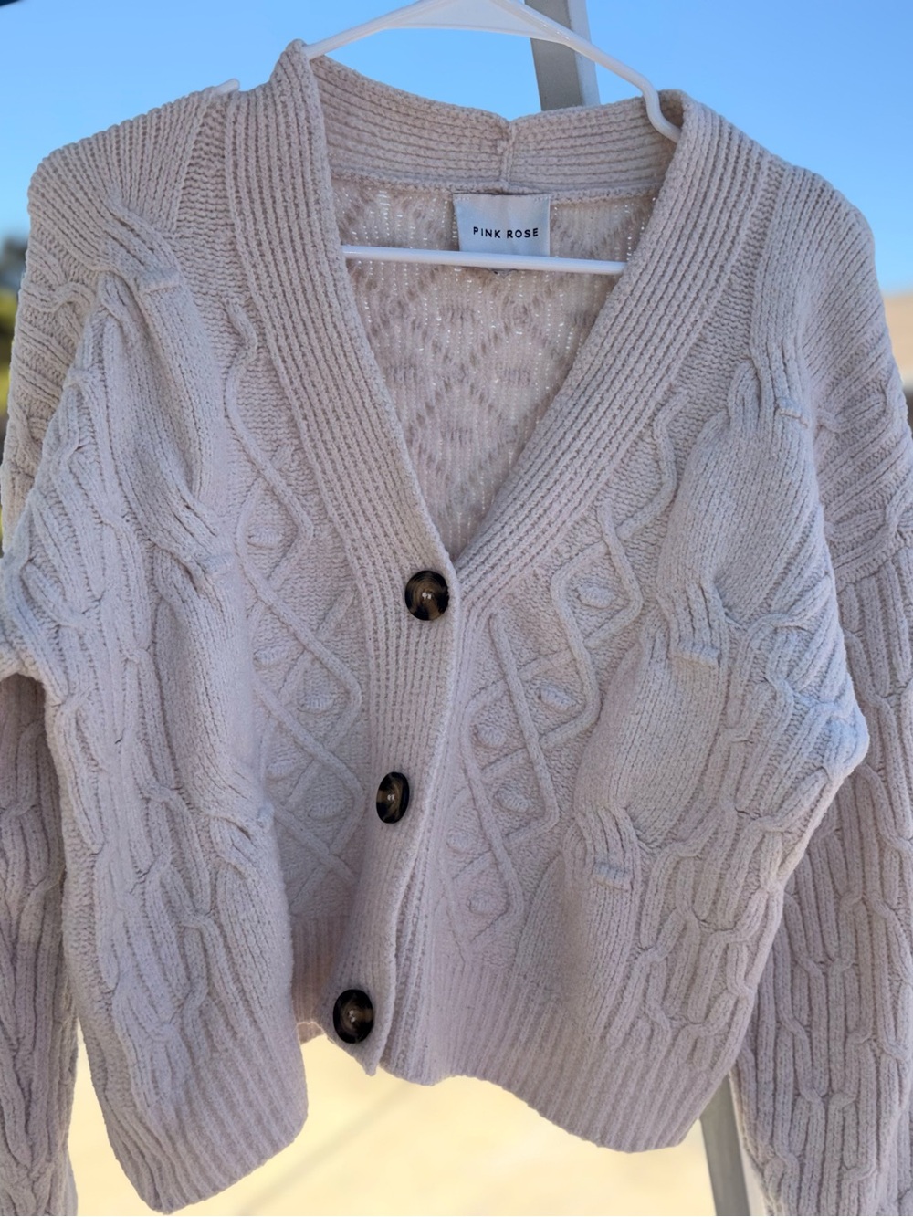 Pink Rose Cream Cable Knit Button Cardigan Sweater